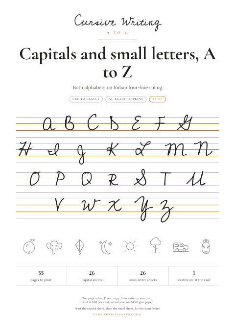 Capitals and small letters, A to Z, page 1 of 55: the cover, with the capitals A to Z on four-line ruling