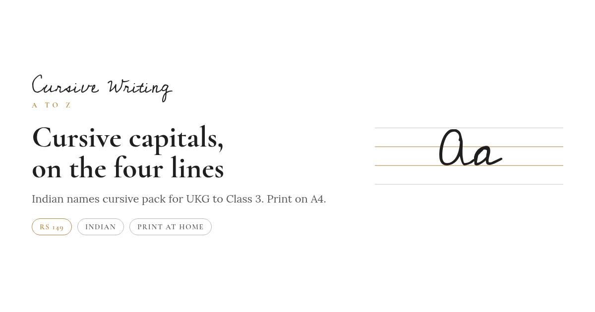 Indian names cursive practice pack on Indian four-line ruling