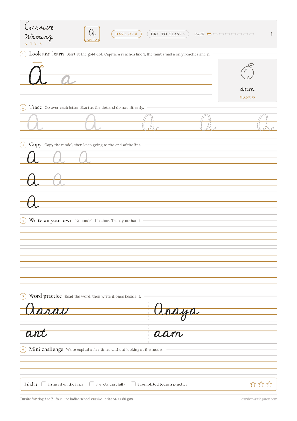 Capital A practice sheet with a model letter, tracing, copying and empty Indian four-line rows